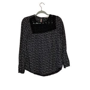 Caslon Black Floral Boho Blouse Crochet Lace Yoke Peasant Top Size XS